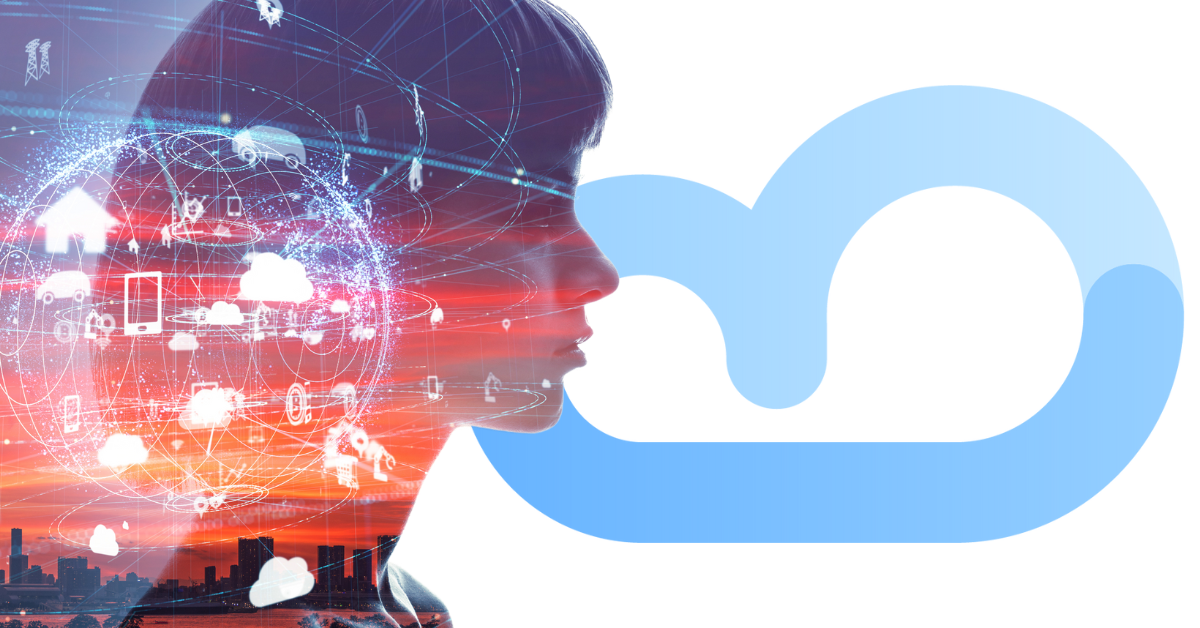 Business Cloud AI / kvinna siluett med information snurrande i huvudet